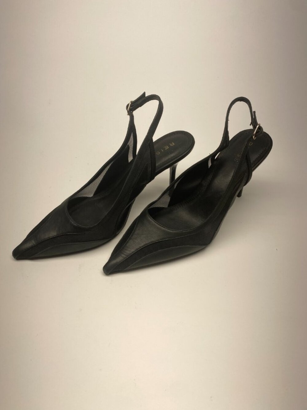 Reiss Womens Black Leather Pointy Mesh Slingback Heels Sz 9.5